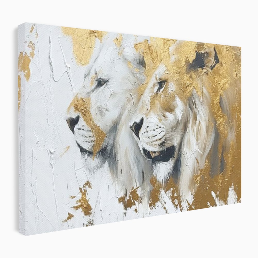 Tablou canvas cu tablou canvas cu doi lei si accente aurii, fara rama, pe sasiu de lemn